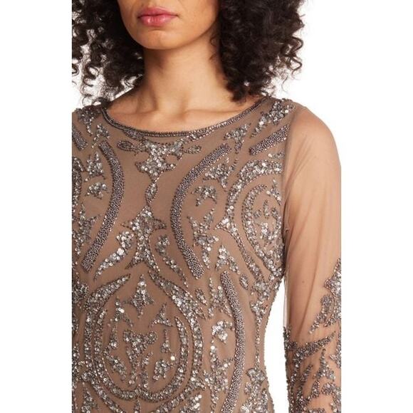 NWT PISARRO NIGHTS $268 Mocha Sequin Illusion Mesh 3/4 Sleeve Gown Size 14 - Picture 4 of 11